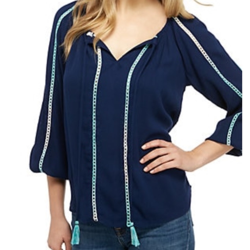 Boho navy blue blouse with tassel tie